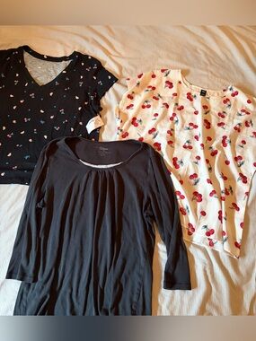 Cherry Print White Blouse, Black Cherry Tee & Black Long Sleeve Top - Bundle XL
